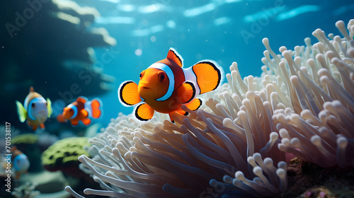 clown fish sitting in the ocean near anemones. © xavmir2020