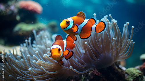 two clown fish swimming in an anemone - sea anemone