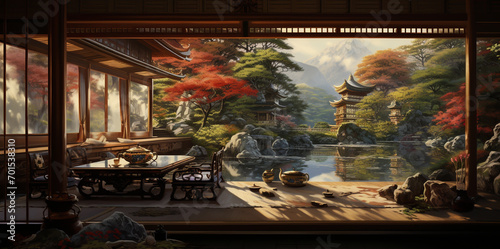 Pictures of a Japanese-style relaxation and guest room with paintings on the walls showing beautiful nature. photo