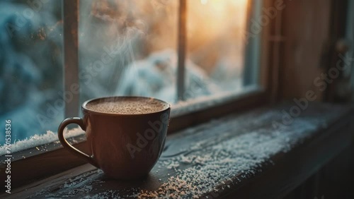 A cup of hot coffee by the window in winter and snowfall. Seamless looping time-lapse virtual video animation background  photo
