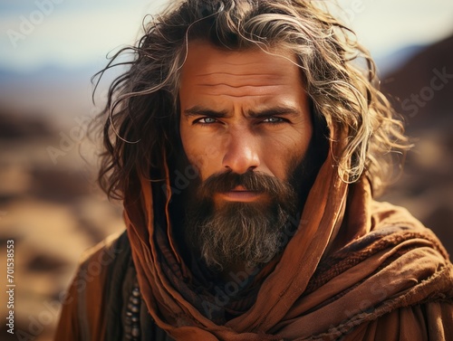 A bearded and long-haired Middle Eastern man wearing a headscarf in the desert