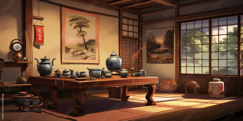 Images of Japanese-style relaxation and guest rooms with paintings on the walls showing beautiful nature.