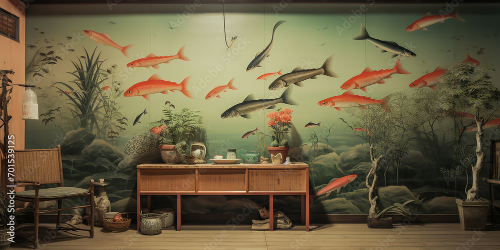 Pictures of a Japanese-style relaxation and guest room with fish paintings on the walls showing beautiful nature and sunlight in pastel pink tones.
