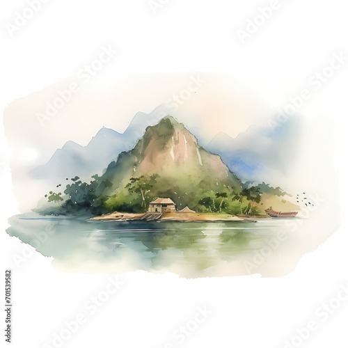 Generative AI, Watercolor Serenity: Island and Mountains photo