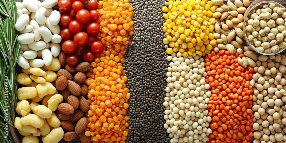 Variety of Legumes and Grains in a Colorful Pattern Variety of Legumes and Grains in a Colorful Pattern