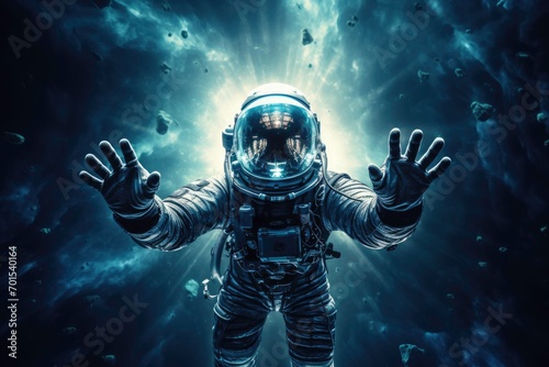 an astronaut with his hands spread out in space