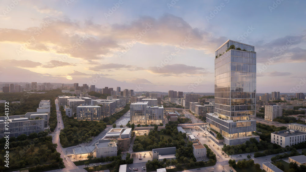 Fototapeta premium City skyline, eco city, sunset landscape