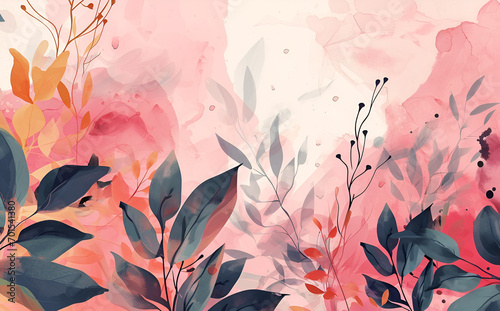 a abstract pink abstract background with leaves, in the style of playful watercolors, animated shapes, womancore, animated gifs, elegant, emotive faces, simple, colorful illustrations, soft, muted col photo