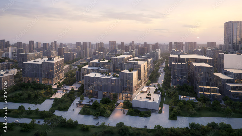 Fototapeta premium City skyline, eco city, sunset landscape