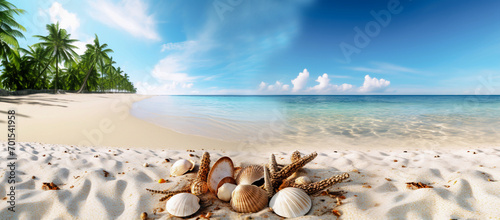 tropical beach Shells on the sand, palm trees, coconuts, sea view and sunlit sky.