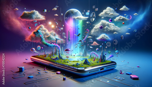 Futuristic mobile gaming: Holographic smartphone with immersive game world.