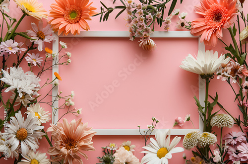 a blank frame with flowers on pink background  in the style of animated shapes  muted  earthy tones  animated gifs  playful use of line  orange and gray  playful textures