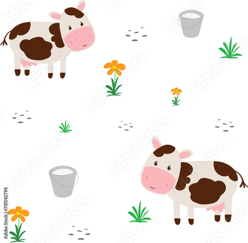Vector illustration of a farm life cow with a bucket of milk and flower isolated on white background