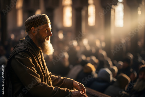 Islamic Imam Conducts a Sermon at the Mosque. Muslim Imam Preaching to the People in the Mosque