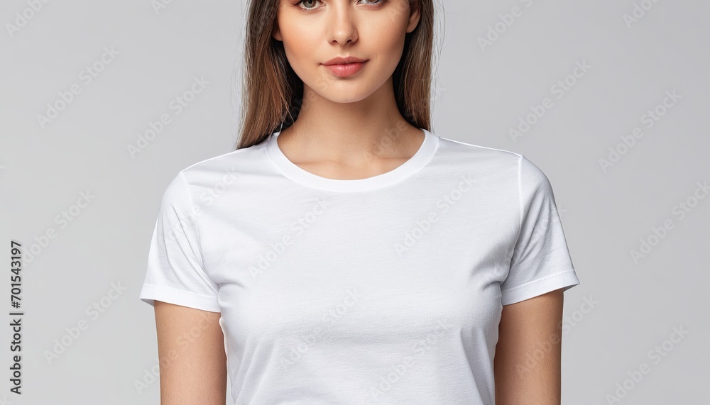Blank White T-Shirt Mockup: Close Up of Young Woman Blank White T-Shirt Mockup: Close Up of Young Woman
