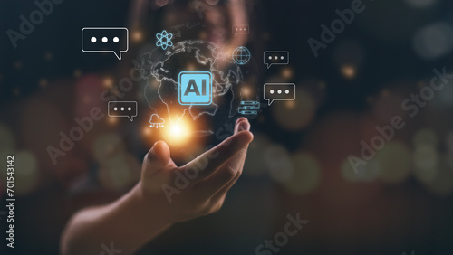 Futuristic technology transformation. Chatbot Chat with AI, Artificial Intelligence. Women use technology smart AI, and artificial intelligence by entering command prompts to generate something.