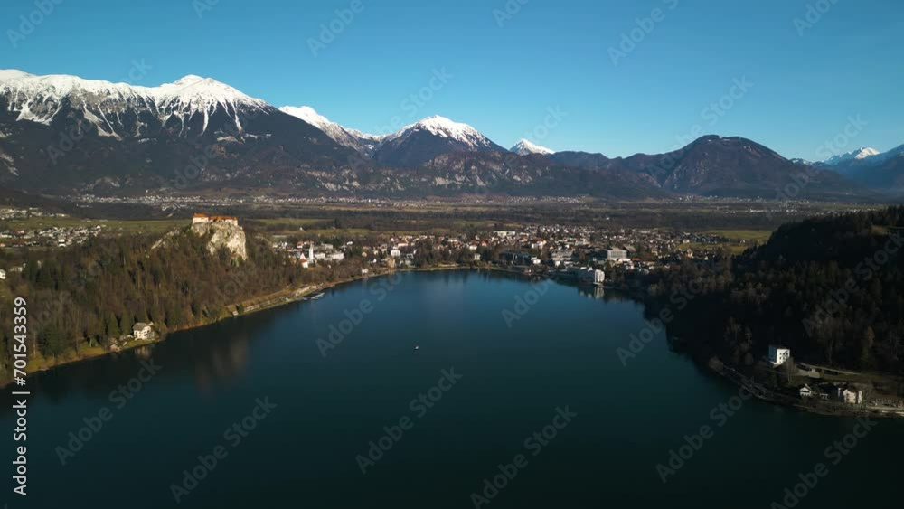 Drone Flying Towards Downtown Bled, Slovenia. Above Iconic Lake Bled