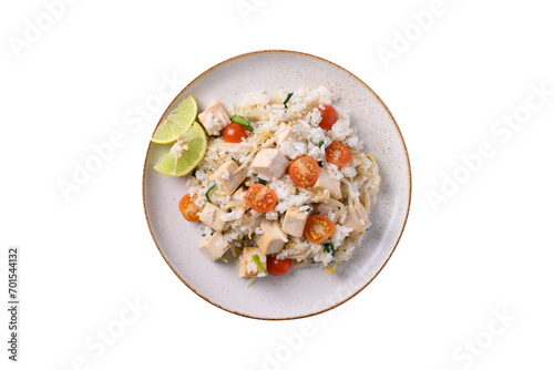 Fried rice with tofu, mung bean sprouts and tomato