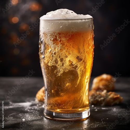 A glass of cold fresh beer with cap of foam. Splash of foam with tasty american beer. Beer day