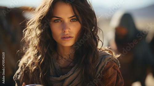 Portrait of Beautiful Arab Woman with Amazing Eyes in the Desert. Middle Eastern Woman