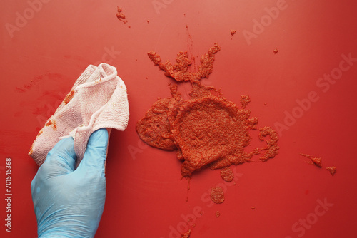 person hand cleaning tomato spill with a cloth  © Towfiqu Barbhuiya 
