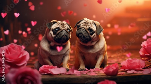 Couple of dog on romantic valentines background. Valentine s day greeting card  in love