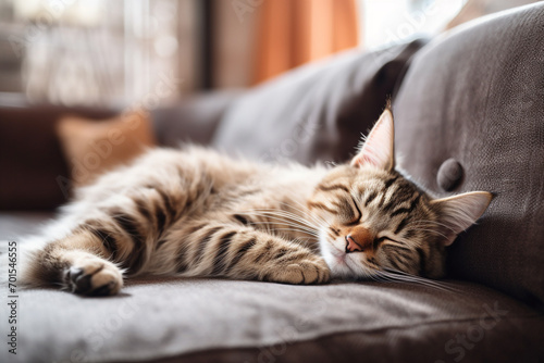 Cute cat sleeping on sofa in living room