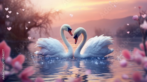 Couple of swan on romantic valentines background. Valentine's day greeting card, in love