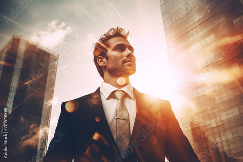 Double exposure of businessman looking up with  modern office buildings and sun rising backgroung