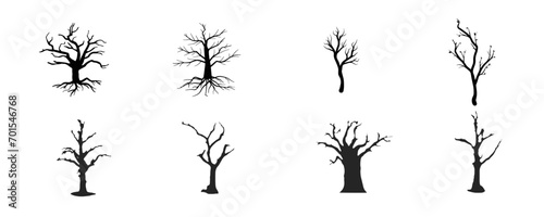Collection of silhouettes of various types of trees without leaves
