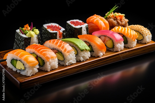 Closeup of Sushi Japanese food on black table