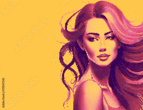 Pixilated woman. Halftone effect. Algorithmic design using an AI image as input. Purple, pink, gold, yellow diamonds mosaic.