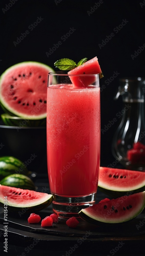 watermelon juice in a glass with watermelon fruit and modern lighting background photo watermelon juice in a glass with watermelon fruit and modern lighting background photo