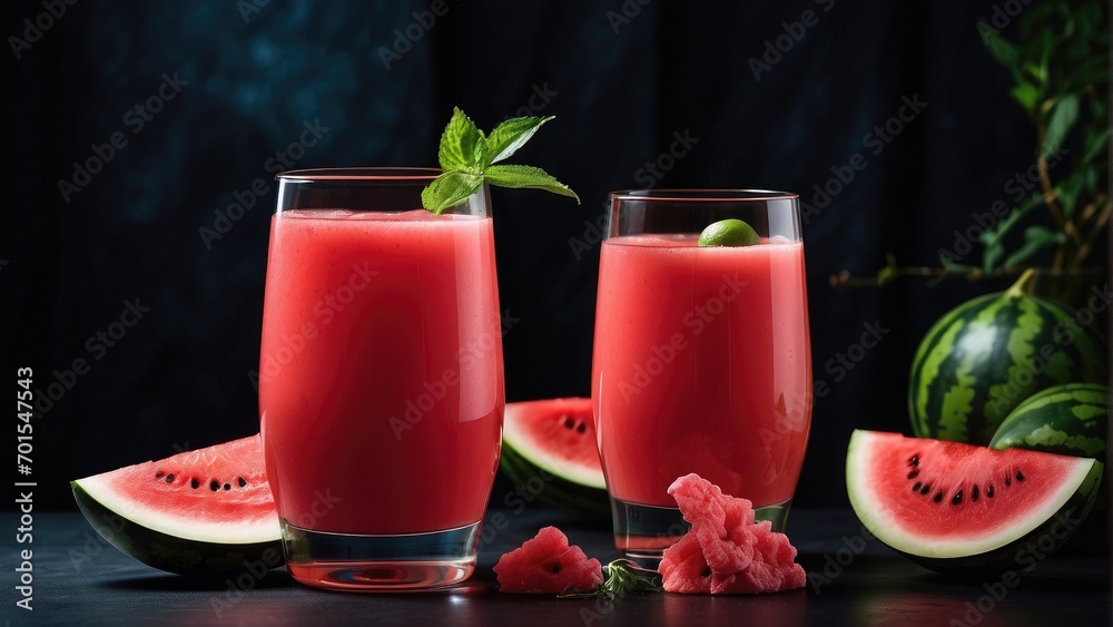 watermelon juice in a glass with watermelon fruit and modern lighting background photo watermelon juice in a glass with watermelon fruit and modern lighting background photo