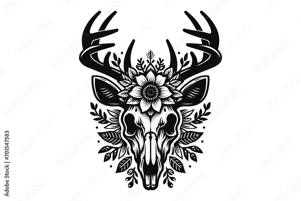 Fototapeta premium Deer head Skull and Flower logo Illustration, Black and white, vector 