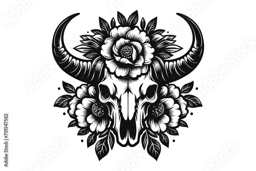 Bull Skull and Flower logo Illustration, Black and white, vector 