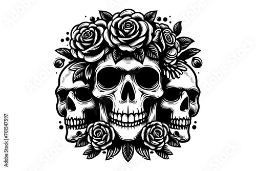 Three Skull and Flower logo Illustration, Black and white, vector 
