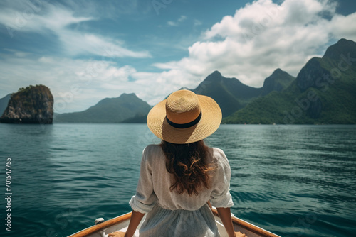Woman sitting in front of boat with view of sea and mountain during holiday journey. © Golden House Images
