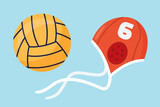 Water polo gear illustration. Aquatic sports ball and cap, flat vector graphics. 