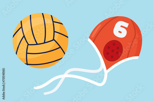 Water polo gear illustration. Aquatic sports ball and cap, flat vector graphics. 