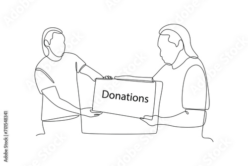 Continuous one line drawing Charity, support and donation concept. Doodle vector illustration.
