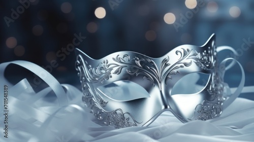 Silver carnival mask on beautiful bokeh background. Mardi gras party, Carnival festival celebration, Venetian mask, Masquerade disguise photo