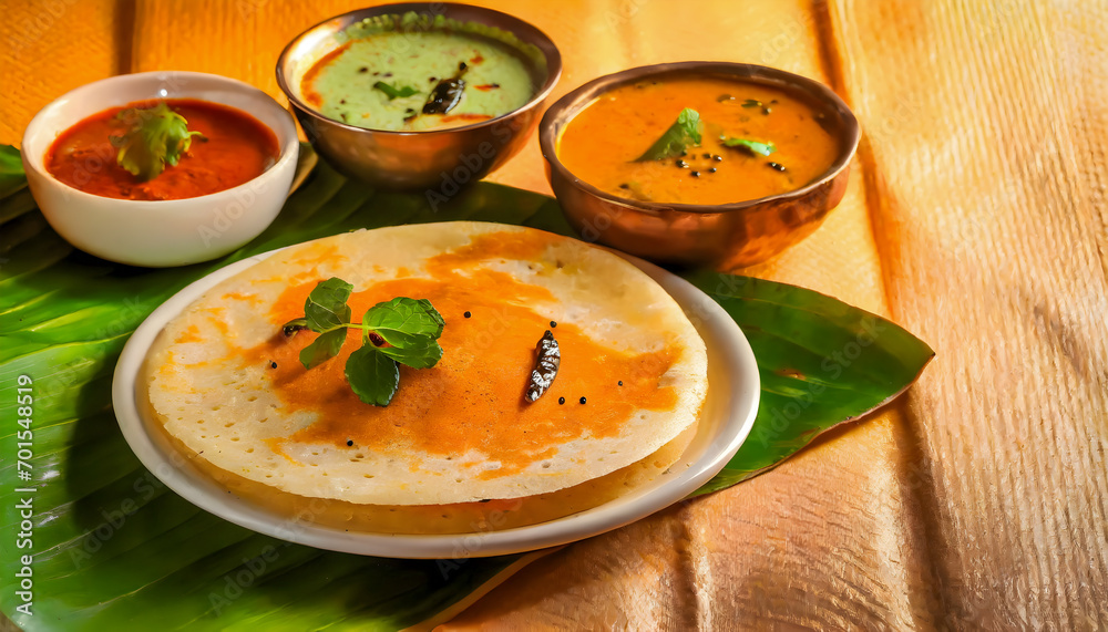 Masala dosa on banana leaf with both sambar and coconut chutney. South Indian Vegetarian Snack