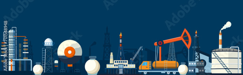 Gas and oil industry platform Banner with Outbuildings, Oil storage tank and more. Poster Brochure Flyer Design, Vector Illustration eps10