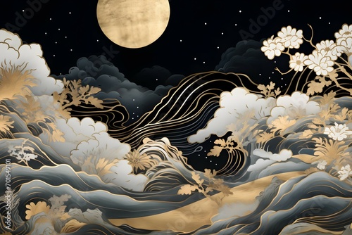 Artistic Oriental Waves and Blossoms