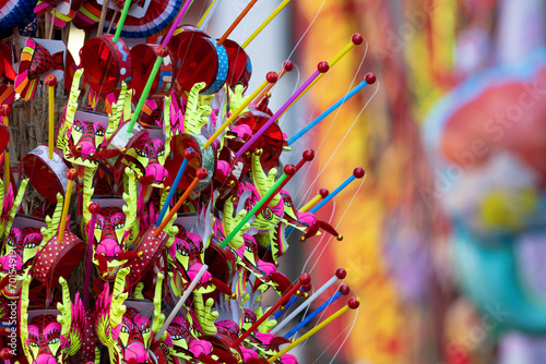 Colorful Chinese dragon toys in Chinese New Year festival.Chinese New Year Decoration  Dragon toy paper on festive background.