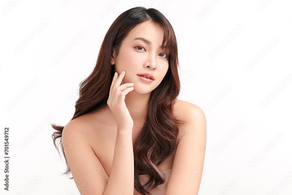 Fototapeta premium Beautiful young asian woman with clean fresh skin on white background, Face care, Facial treatment, Cosmetology, beauty and spa, Asian women portrait.