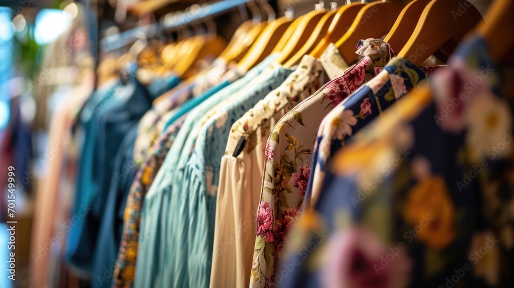 Fashion-forward retail scene with a collection of women's and men's clothing on hangers Fashion-forward retail scene with a collection of women's and men's clothing on hangers