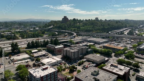 Drone shot over Seattle's International District with the main freeways in the distance. photo