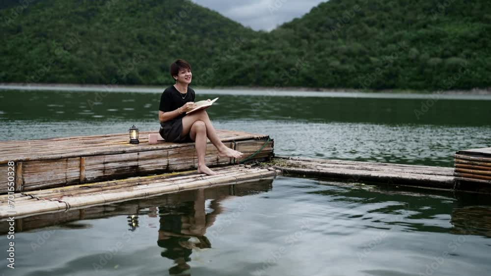 4K Young Asian man sitting on lake house balcony with reading a book and drinking a cup of coffee. Happy guy relax and enjoy outdoor lifestyle travel nature on summer holiday vacation. 4K Young Asian man sitting on lake house balcony with reading a book and drinking a cup of coffee. Happy guy relax and enjoy outdoor lifestyle travel nature on summer holiday vacation.